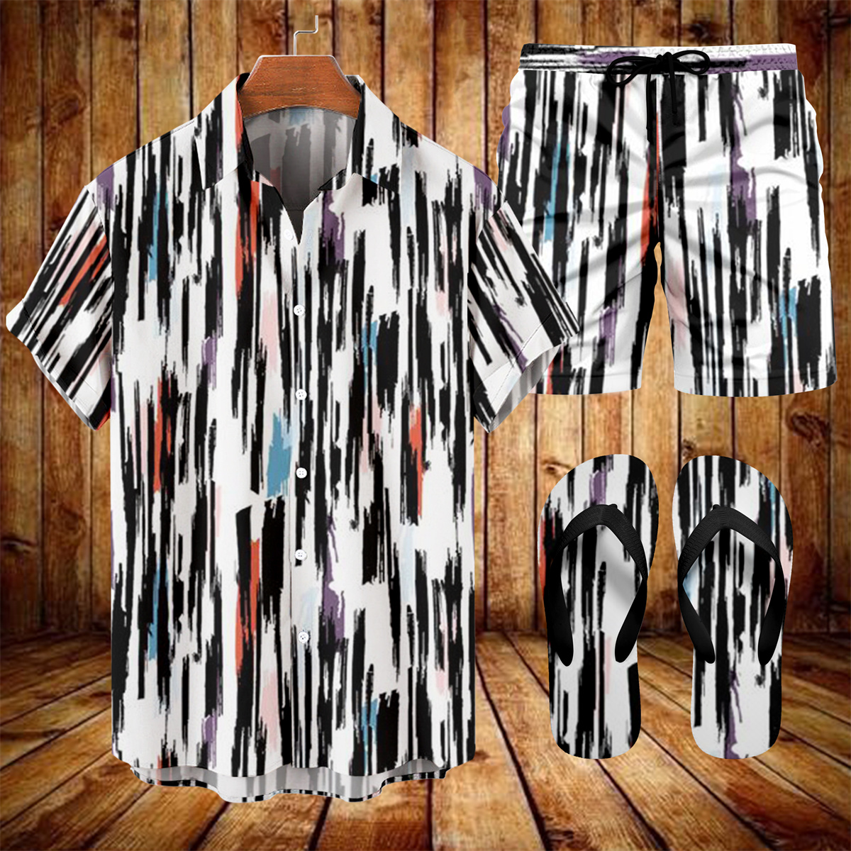 Suitmens Men's Tiki Party Hawaiian Vacation Print Three-Piece Set 015
