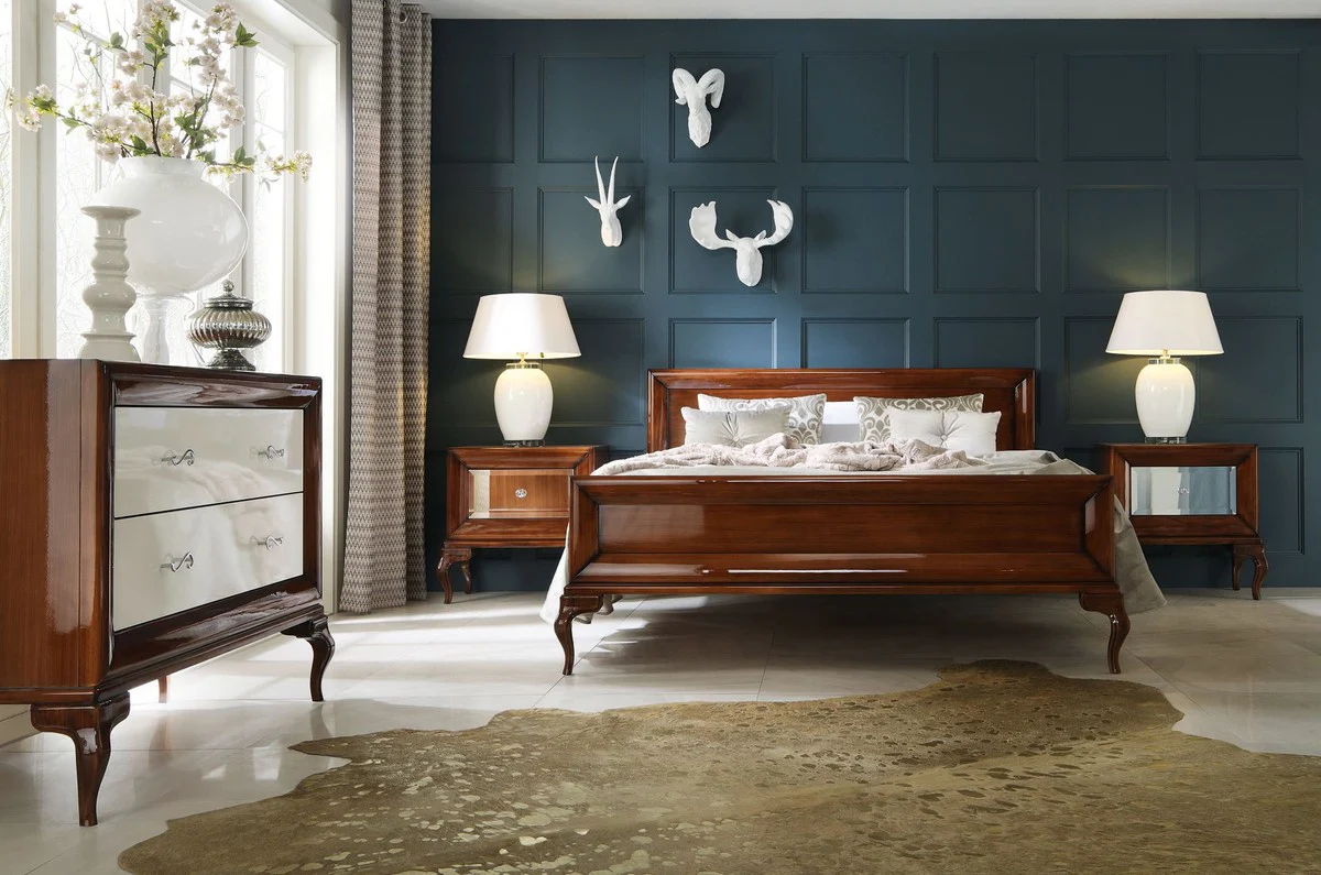 Casa Padrino mesita de noche Art Deco de lujo marr¨®n alto brillo 70 x 42 x A. 65 cm - Mesita auxiliar con espejo y caj¨®n - Muebles de dormitorio de lujo - Muebles Art Deco de Lujo