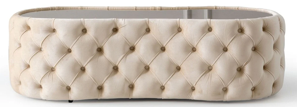 Casa Padrino mesa de centro Chesterfield de lujo crema 140 x 80 x A. 45 cm - Mesa de sal¨®n con tapa de vidrio - Muebles de sal¨®n de lujo - Muebles Chesterfield de lujo - Muebles de lujo