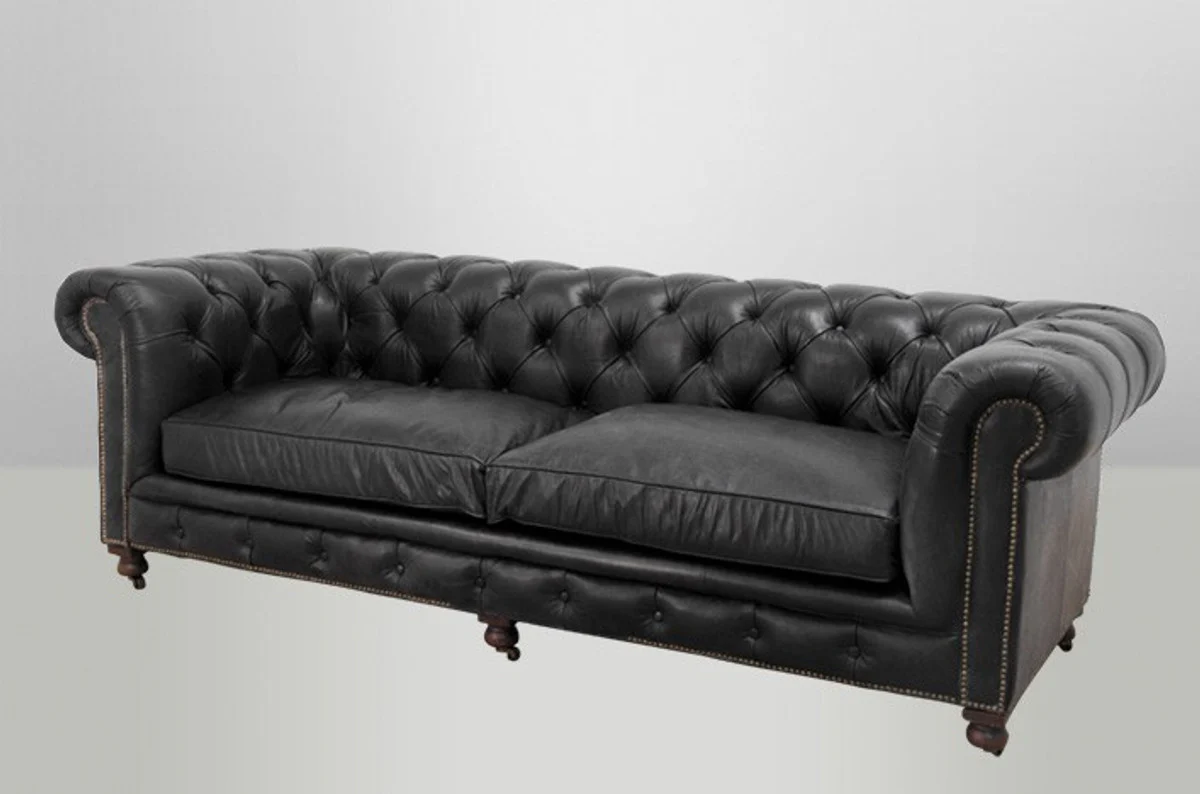 Luxury Real Leather Chesterfield sofa 3 seater vintage leather Casa Padrino Old Saddle Black