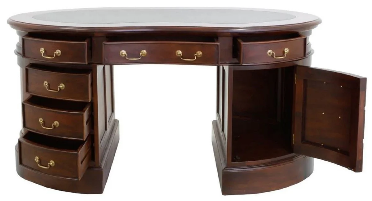 Casa Padrino escritorio de lujo de caoba marr¨®n oscuro / verde 158 x 87 x A. 83 cm - Mesa de oficina ovalada de madera maciza - Muebles de oficina de caoba - Muebles de oficina de lujo