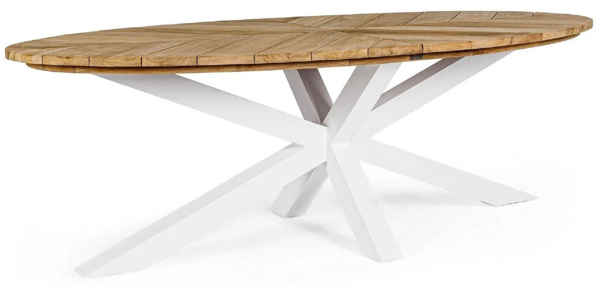 Casa Padrino mesa de jardín de lujo natural / blanco 240 x 110 x A. 77 cm - Mesa de comedor ovalada con tablero de teca - Mesa de jardín y terraza - Muebles de jardín y terraza de lujo