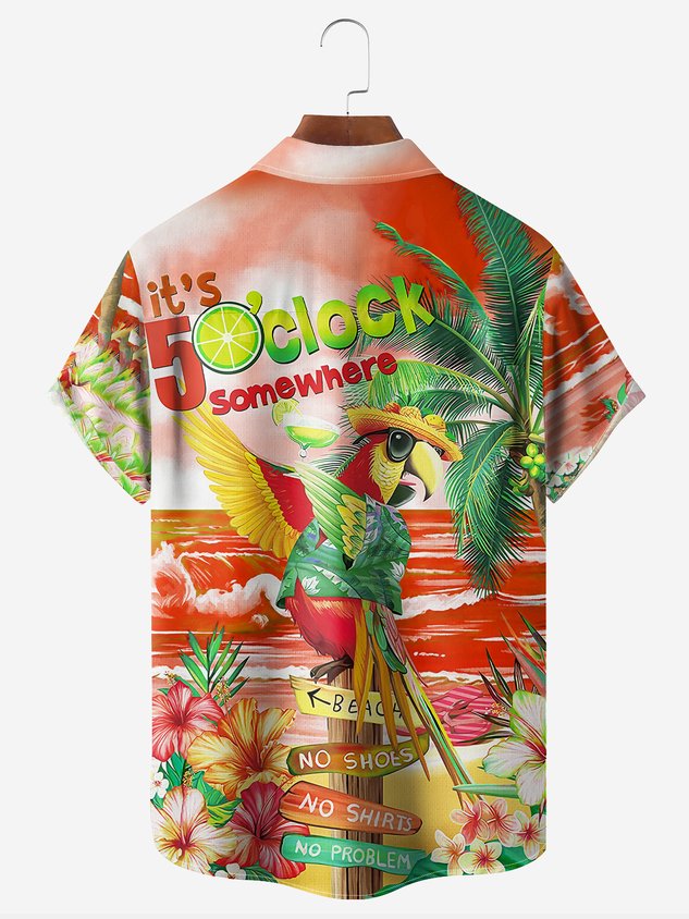It's 5 O'Clock Somewhere Parrot Chest Pocket Short Sleeve Hawaiian Shirt