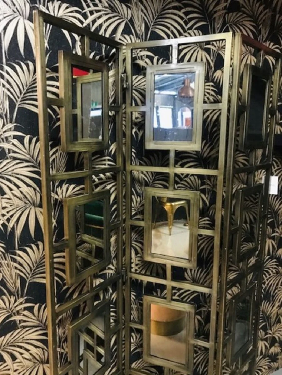 Casa Padrino separador de ambientes de lujo lat¨®n 115 x 2 x A. 183 cm - Separador de ambientes de metal plegable con espejo - Muebles de dormitorio - Muebles de hotel - Colecci¨®n de lujo