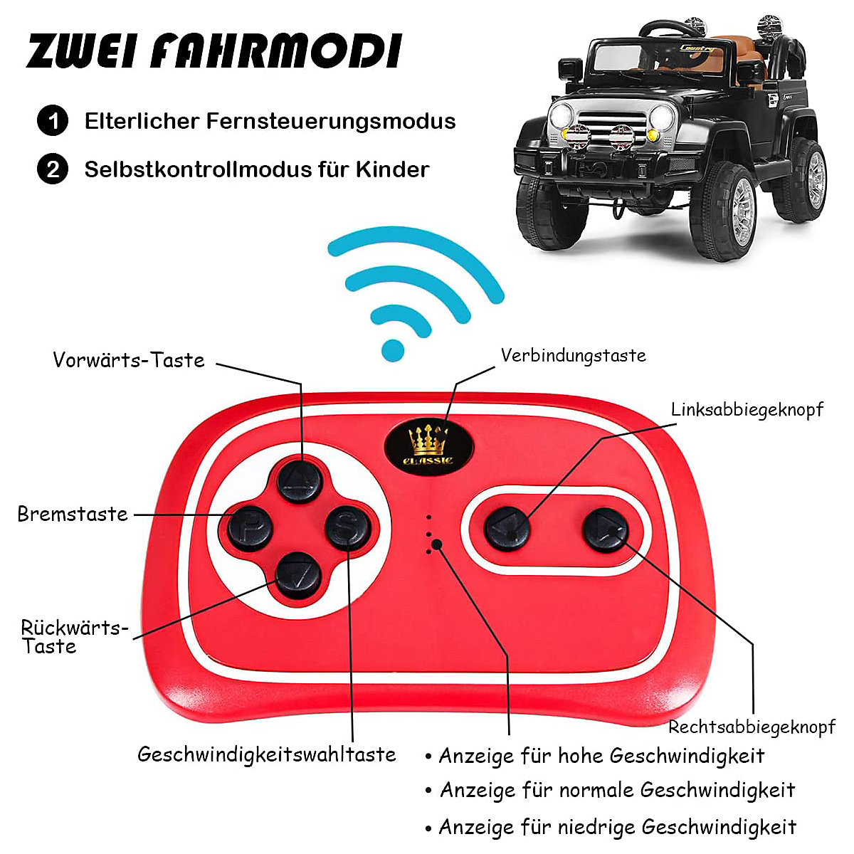 Elektroauto Jeep mit Aufbewahrungsbox & Fernbedienung schwarz