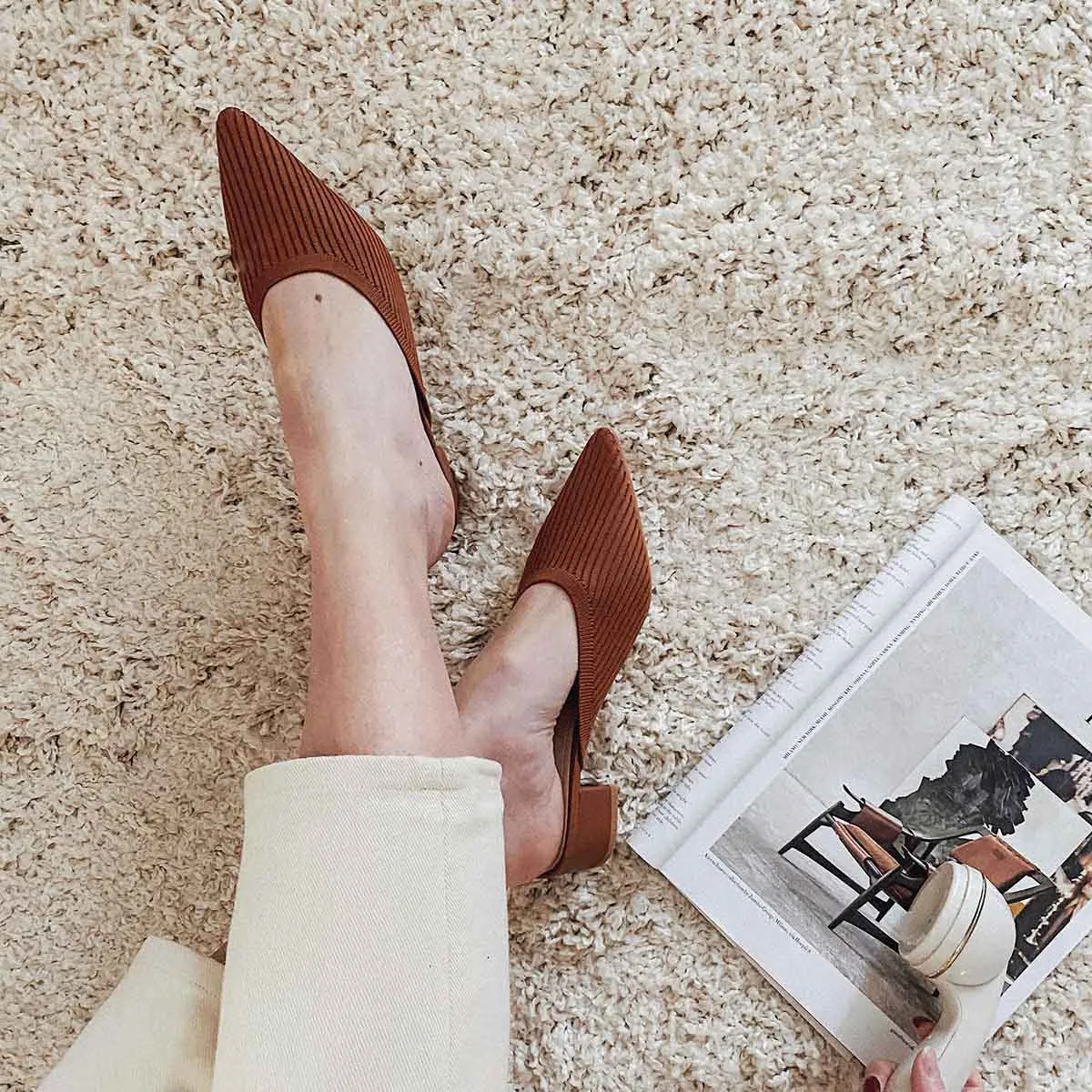 Pointed Toe Mules for Women Breathable Knit Slip-on Flat Shoes