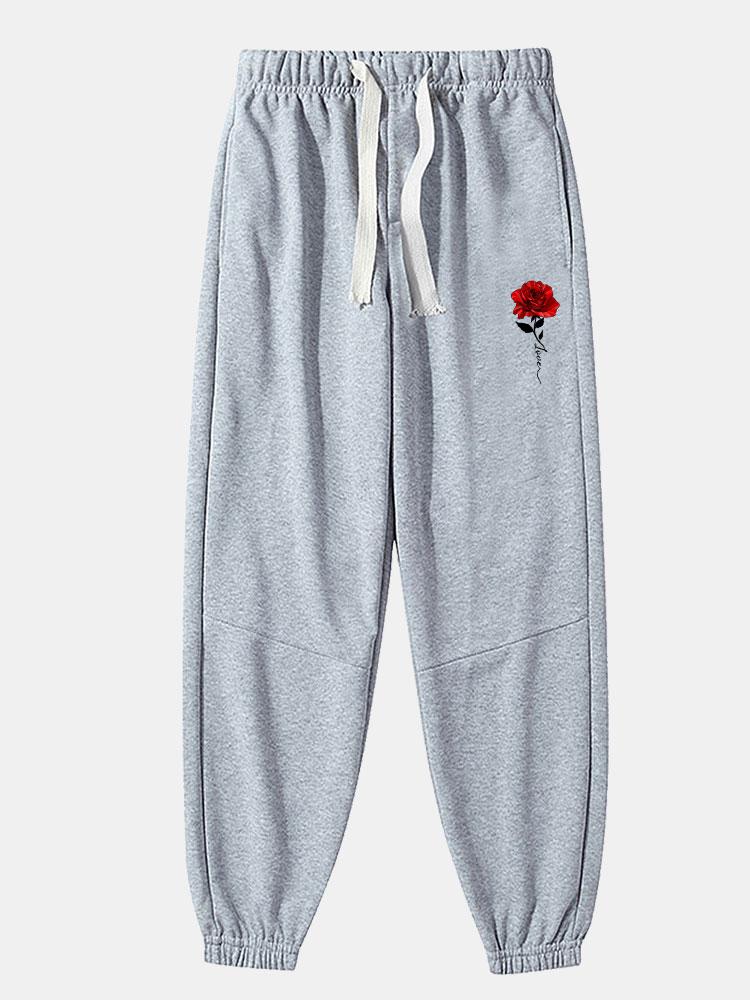Rose Print Cotton Blend Jogger Pants