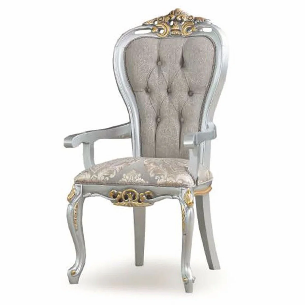 Casa Padrino Conjunto de Comedor Barroco de Lujo Gris / Plata / Oro - 1 Mesa de Comedor y 8 Sillas