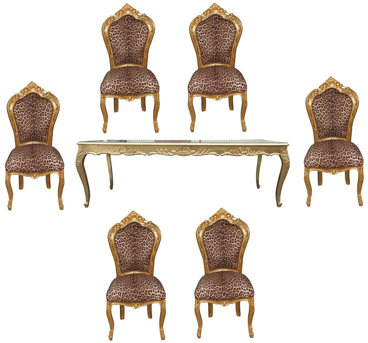 Juego de comedor Barroco Casa Padrino Leopard / Gold - mesa de comedor + 6 sillas sin reposabrazos