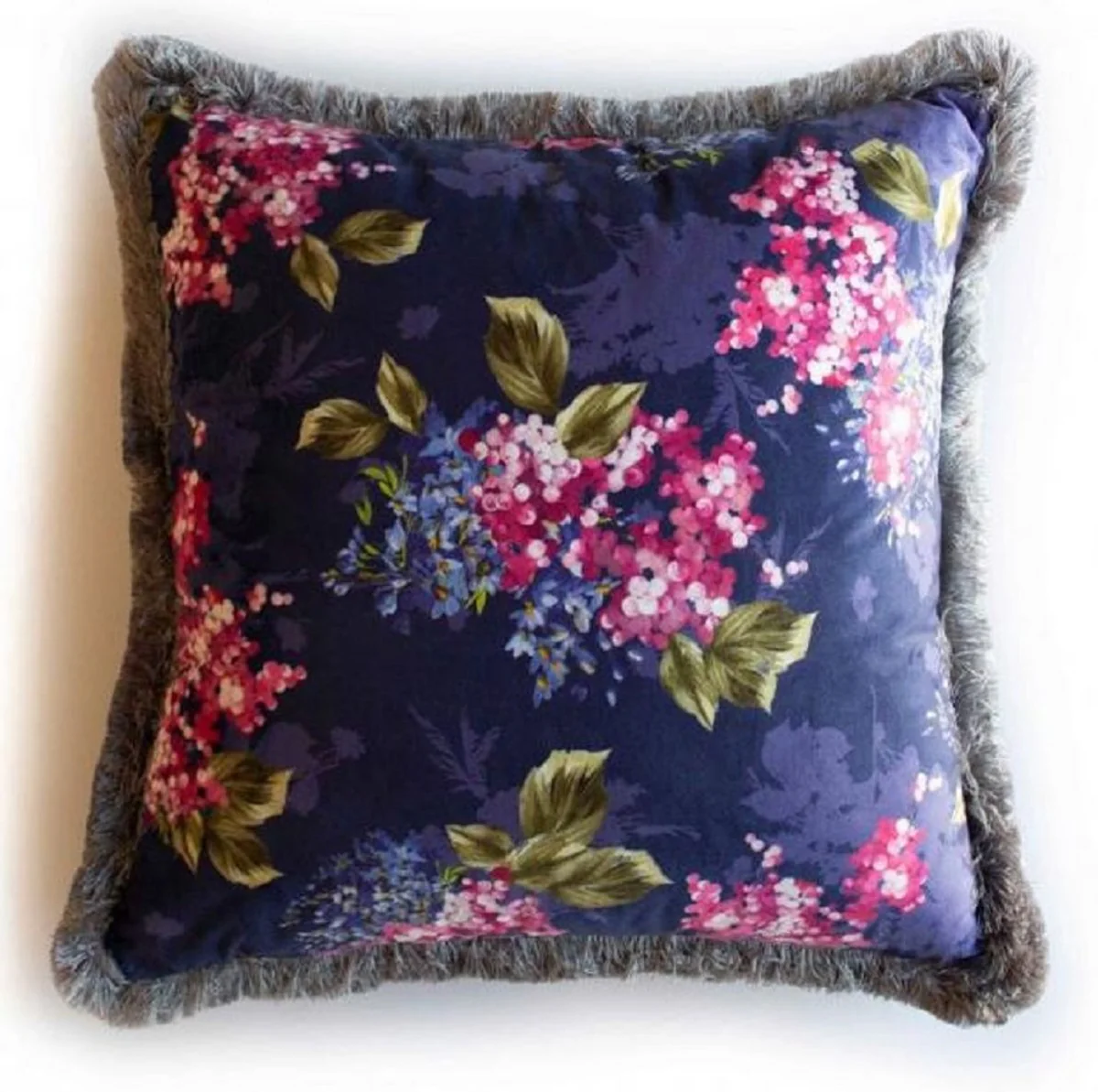 Casa Padrino almohada decorativa de lujo diseño flores multicolor / gris 45 x 45 cm - Almohada de terciopelo estampada con flecos - Accesorios Decorativos