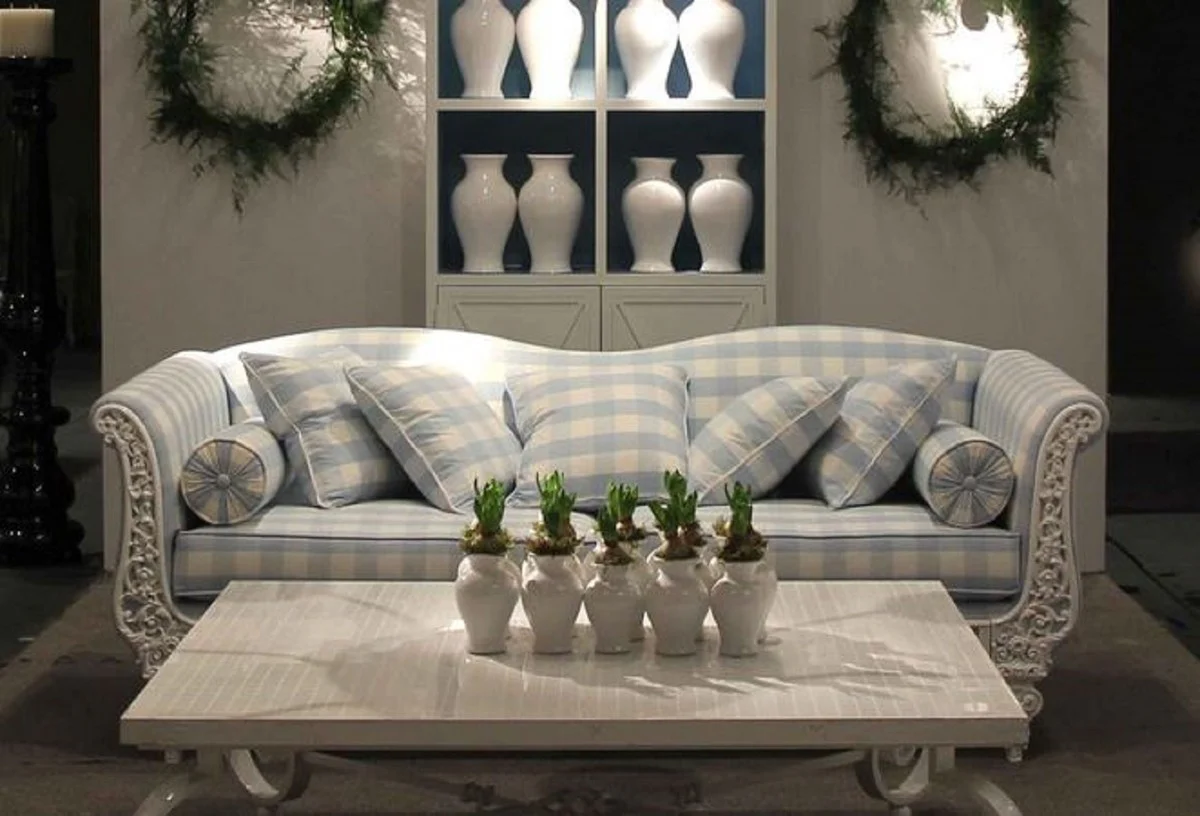 Casa Padrino sof¨¢ barroco de lujo blanco / azul claro 220 x 100 x A. 80 cm - Sof¨¢ de hierro forjado forjado a mano con cojines - Sof¨¢ de Sal¨®n - Sof¨¢ de Jard¨ªn - Sof¨¢ de Patio - Muebles Barrocos