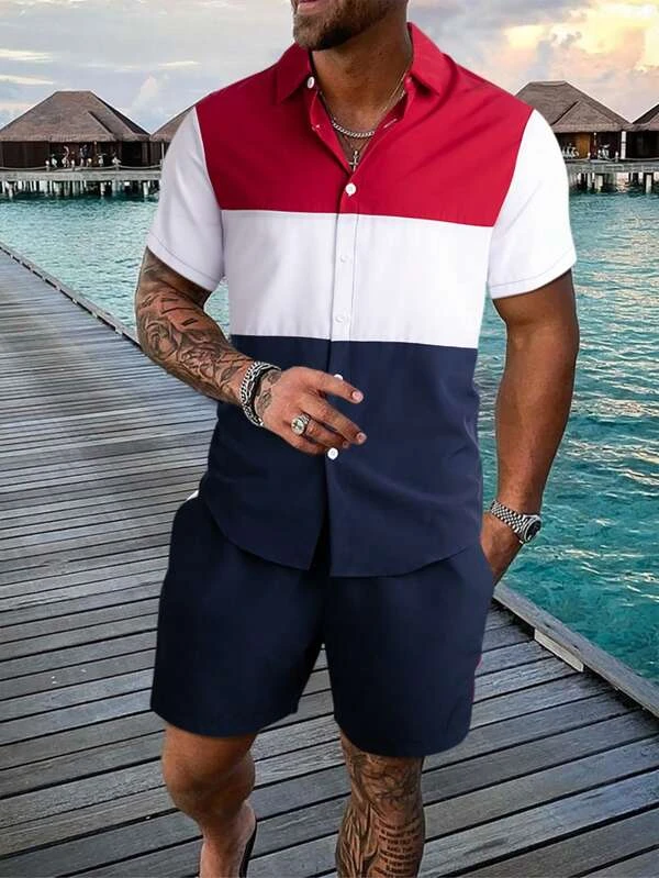 Suitmens Men's Hawaiian Print Short Sleeve Shirt Set 014