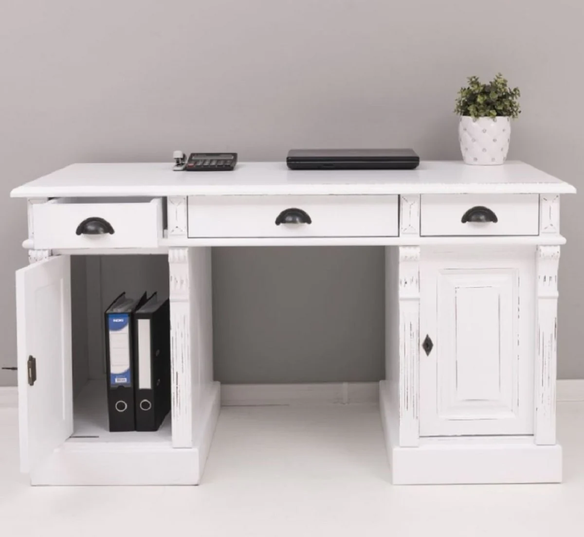 Casa Padrino escritorio de estilo campestre shabby chic blanco antiguo 140 x 70 x A. 78 cm - Mesa de oficina de estilo campestre - Muebles de oficina de estilo campestre shabby chic