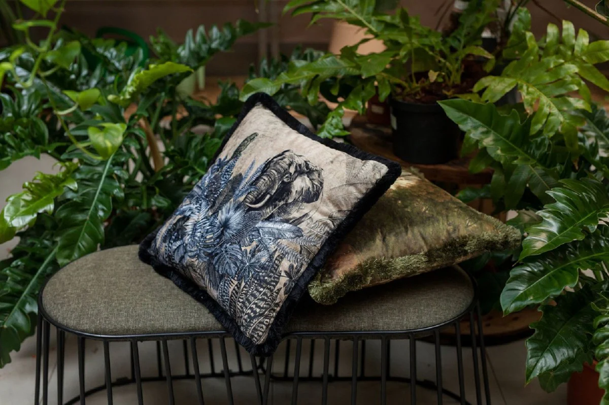 Casa Padrino almohada decorativa de lujo africa beige / negro / blanco 45 x 45 cm - Almohada de terciopelo estampada con flecos - Almohada decorativa noble - Colección de Lujo