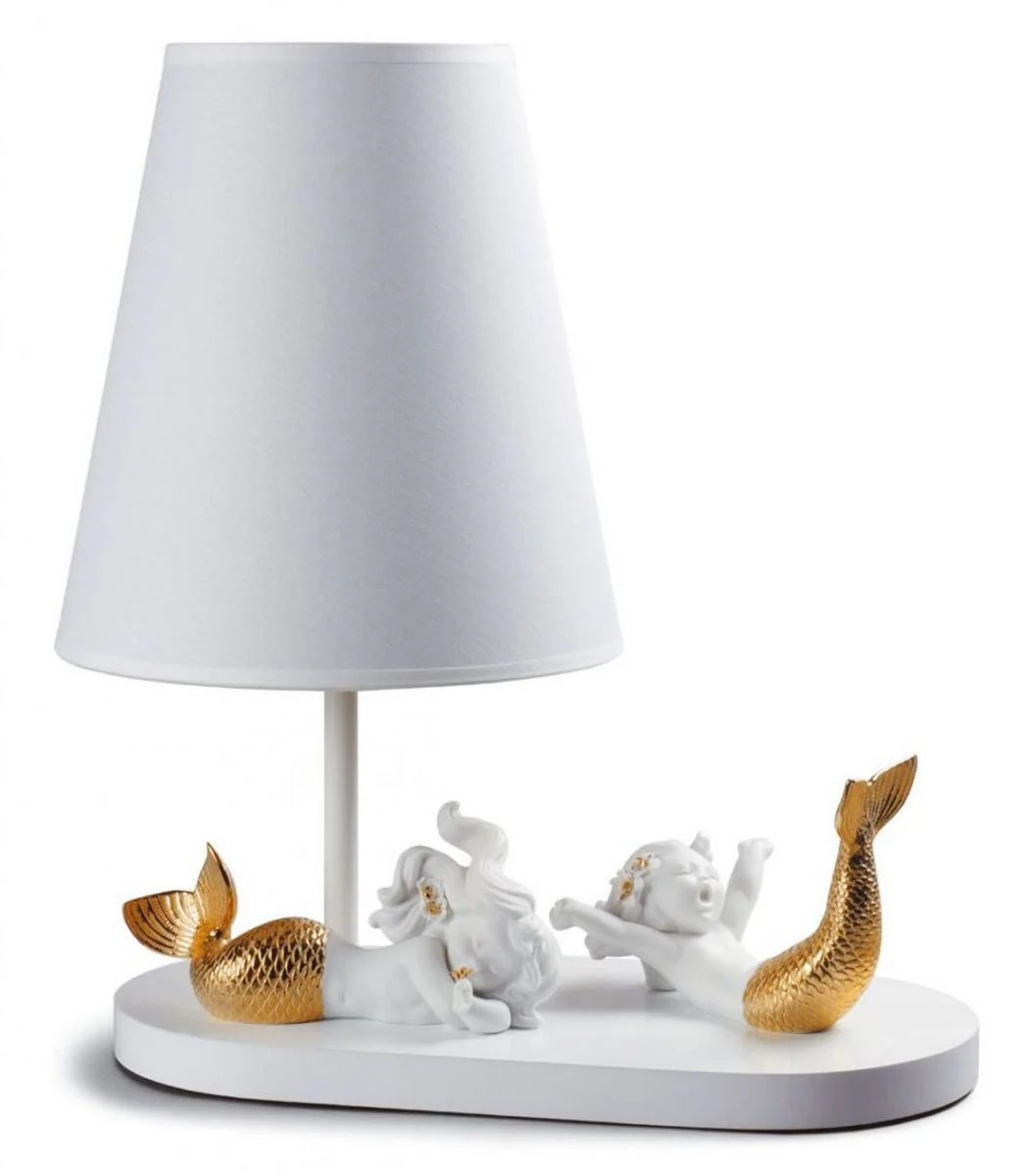 Casa Padrino Luxury Table Lamp White / Gold 33 x H. 41 cm - Table Lamp with Handcrafted & Hand Painted Porcelain Mermaids