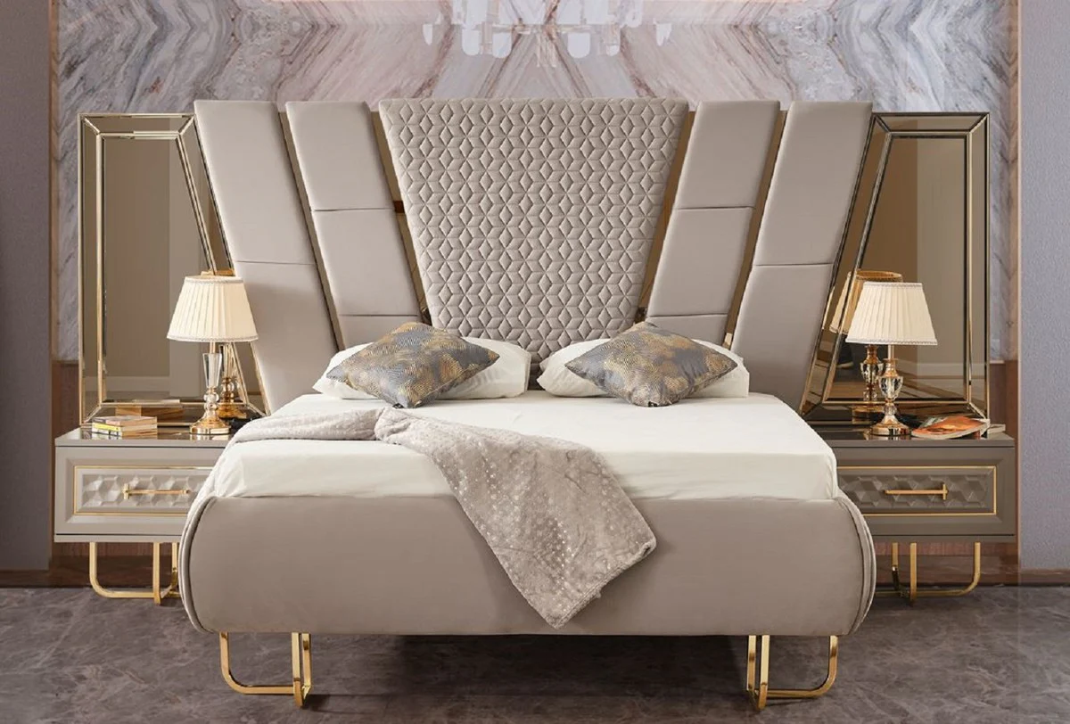 Casa Padrino Conjunto de Dormitorio Art Deco de Lujo Gris / Oro - 1 Cama Matrimonial con Cabecero y 2 Mesitas de Noche - Muebles de Dormitorio - Muebles Art Deco - Muebles de Lujo
