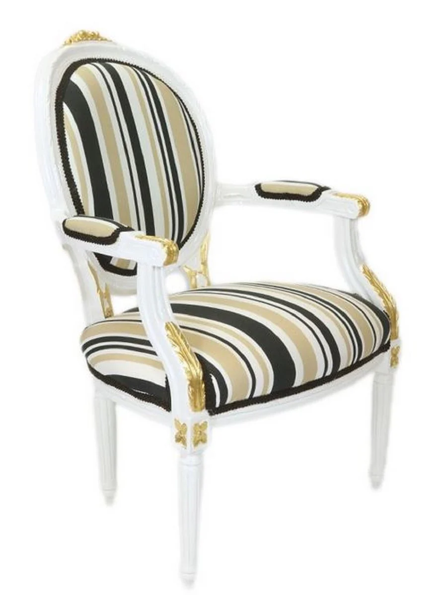 Casa Padrino silla de sal¨®n barroco blanco / oro / multicolor 50 x 50 x H. 105 cm - Silla Barroco a Rayas con Reposabrazos - Muebles Barrocos