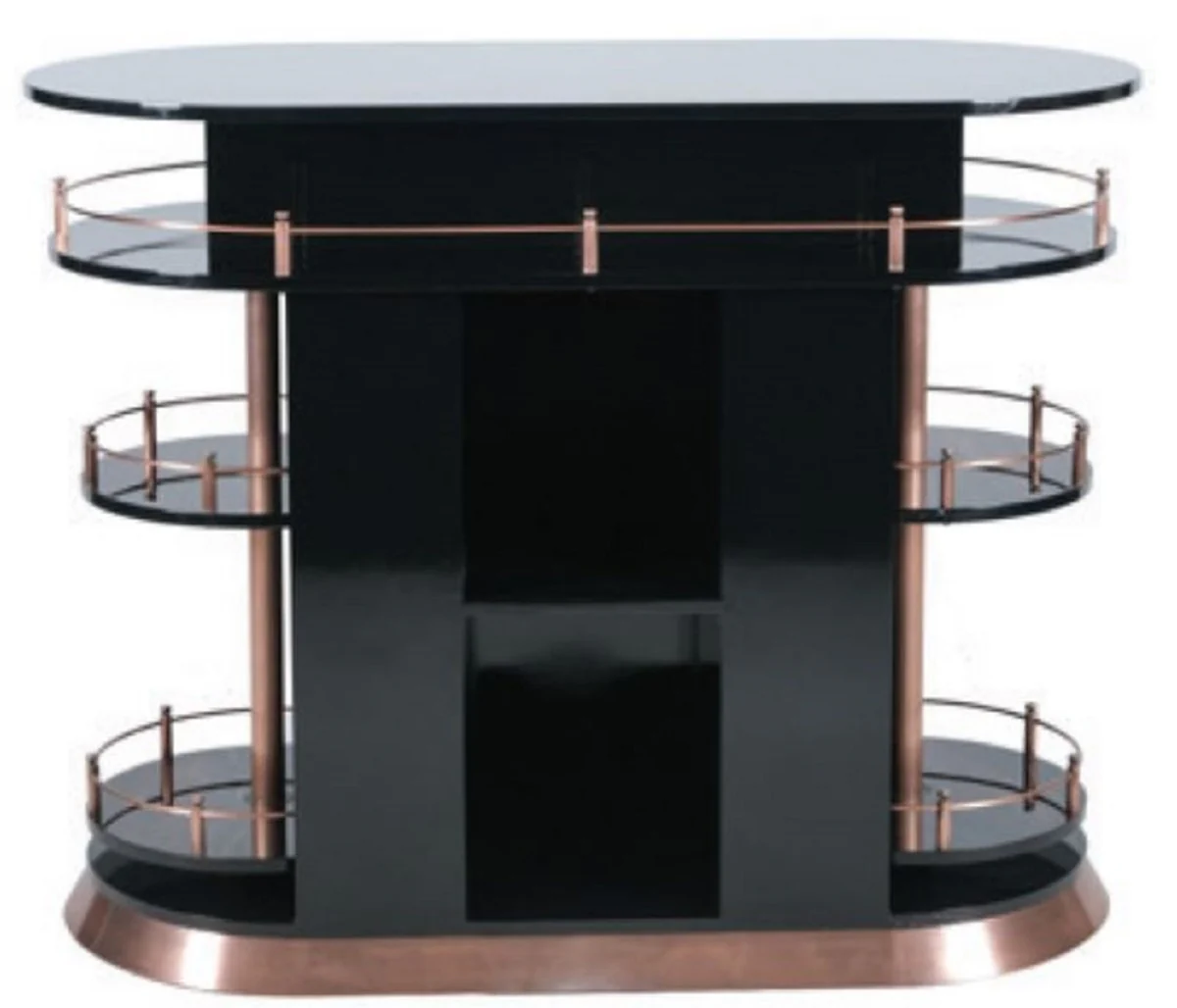 Casa Padrino Barra de Bar de Lujo Negro Alto Brillo / Cobre 135 x 65 x A. 106 cm - Mesa de Barra de Madera Maciza Ovalada - Mueble Bar de Madera Maciza - Mueble Bar de Lujo - Muebles de Lujo