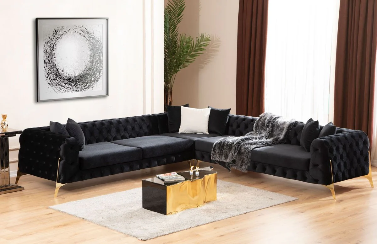 Casa Padrino sof¨¢ esquinero Chesterfield de lujo negro / oro 310 x 270 x A. 70 cm - Sof¨¢ de sal¨®n Chesterfield - Muebles de sal¨®n - Muebles Chesterfield de lujo