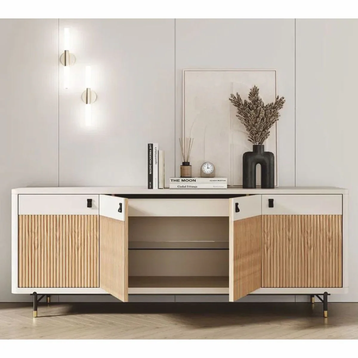 Casa Padrino aparador de lujo con 4 puertas blanco / natural / negro / oro 220 cm