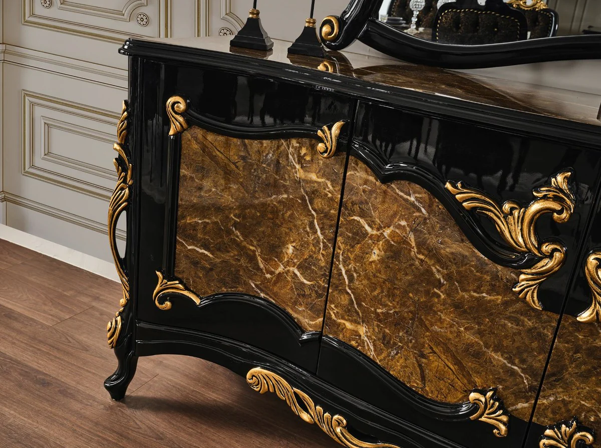 Casa Padrino conjunto de muebles barrocos de lujo aparador con espejo marrón / negro / oro - Magnífico mueble de madera maciza con 4 puertas y elegante espejo de pared - Muebles de estilo barroco