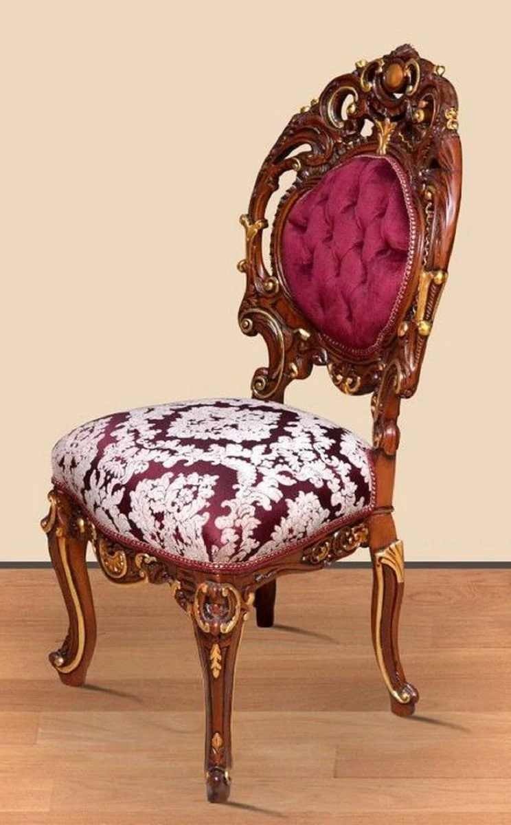 Casa Padrino silla de comedor barroco rojo burdeos / crema / marr¨®n / oro 60 x 50 x A. 120 cm - Magn¨ªfica silla de cocina de madera maciza con patr¨®n noble - Muebles de comedor barrocos
