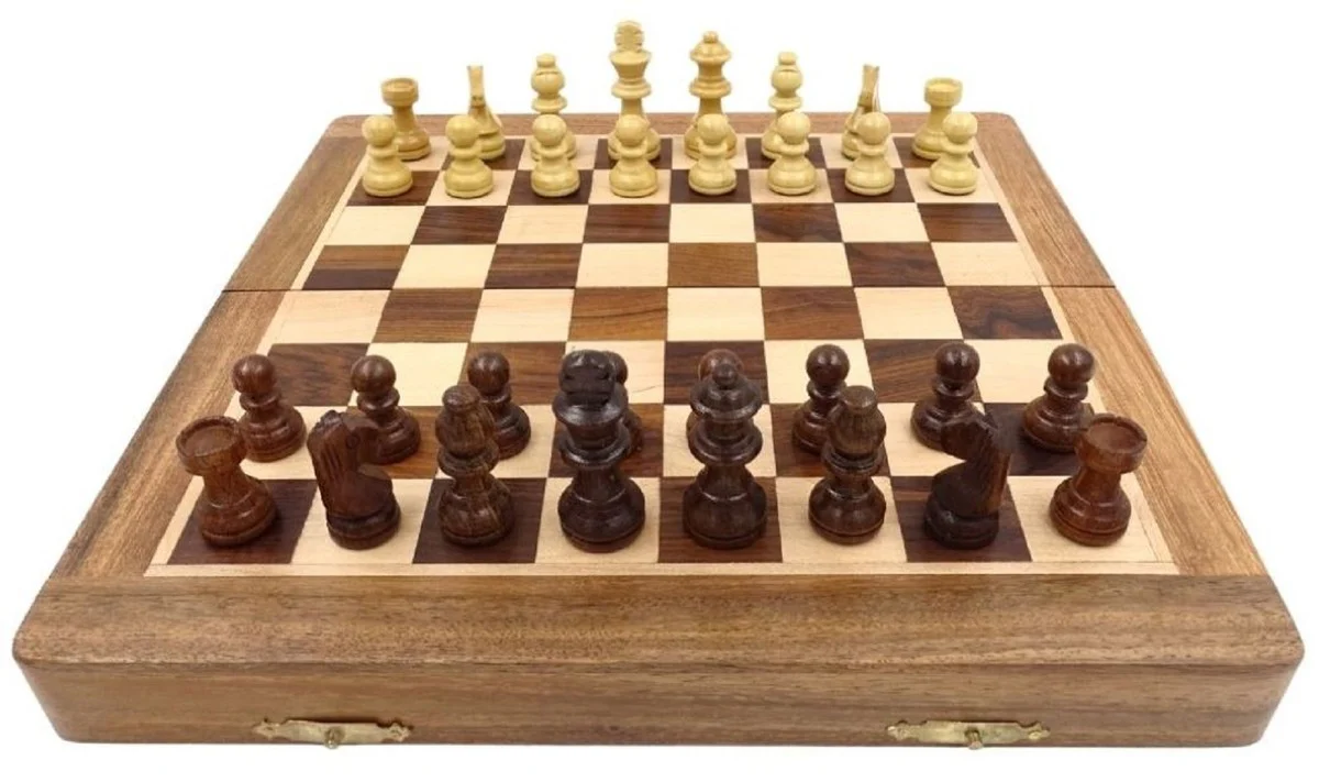 Casa Padrino conjunto de ajedrez de lujo marrón / beige 30 x 30 cm - Ajedrez de madera plegable - Tablero de ajedrez de madera con piezas de ajedrez de madera - Accesorios de lujo