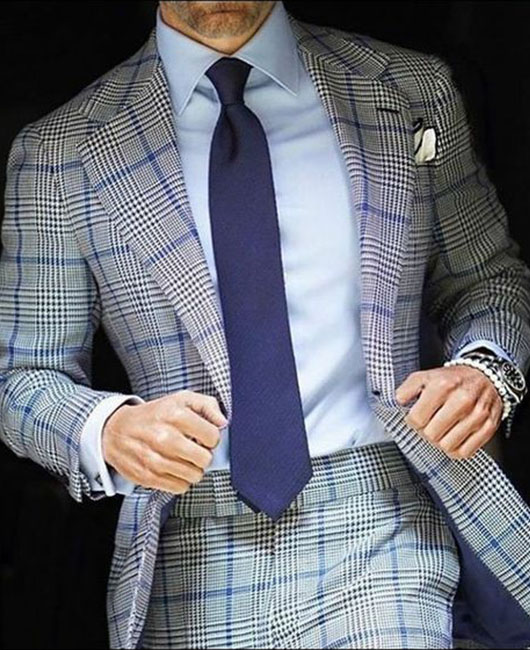 Business Plaid Notch Lapel Button Pocket Design Blazer