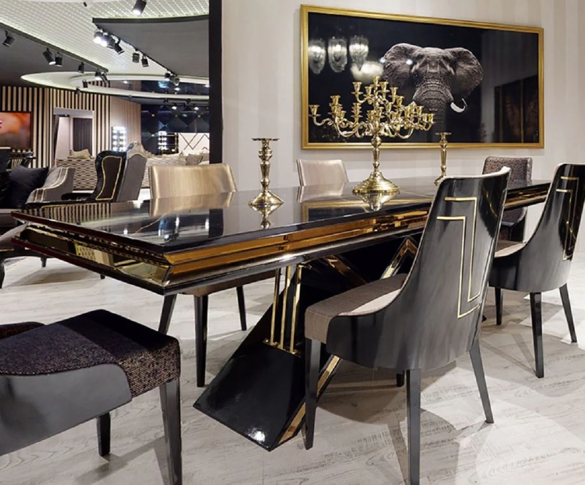 Casa Padrino mesa de comedor Art Deco de lujo negro / oro - Mesa de cocina de madera maciza hecha a mano - Muebles de Comedor Art Deco