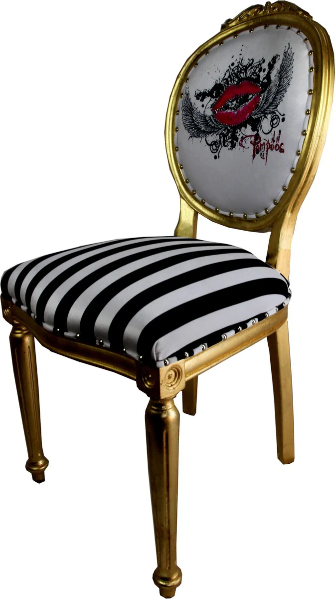 Pomp??s by Casa Padrino Luxury Barroco Dining Chair Black / White Stripes / Gold - Pink Lips - Pomp??ser Baroque Chair dise?ada por Harald Gl??ckler