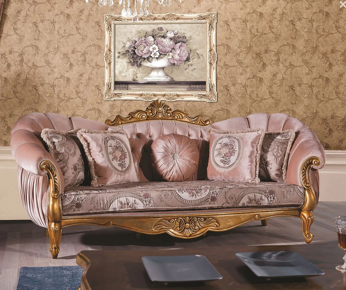 Casa Padrino sof¨¢ barroco de lujo rosa / oro 220 x 90 x A. 110 cm - Sof¨¢ de Sal¨®n Adornado con Pedrer¨ªa y Almohadas Decorativas