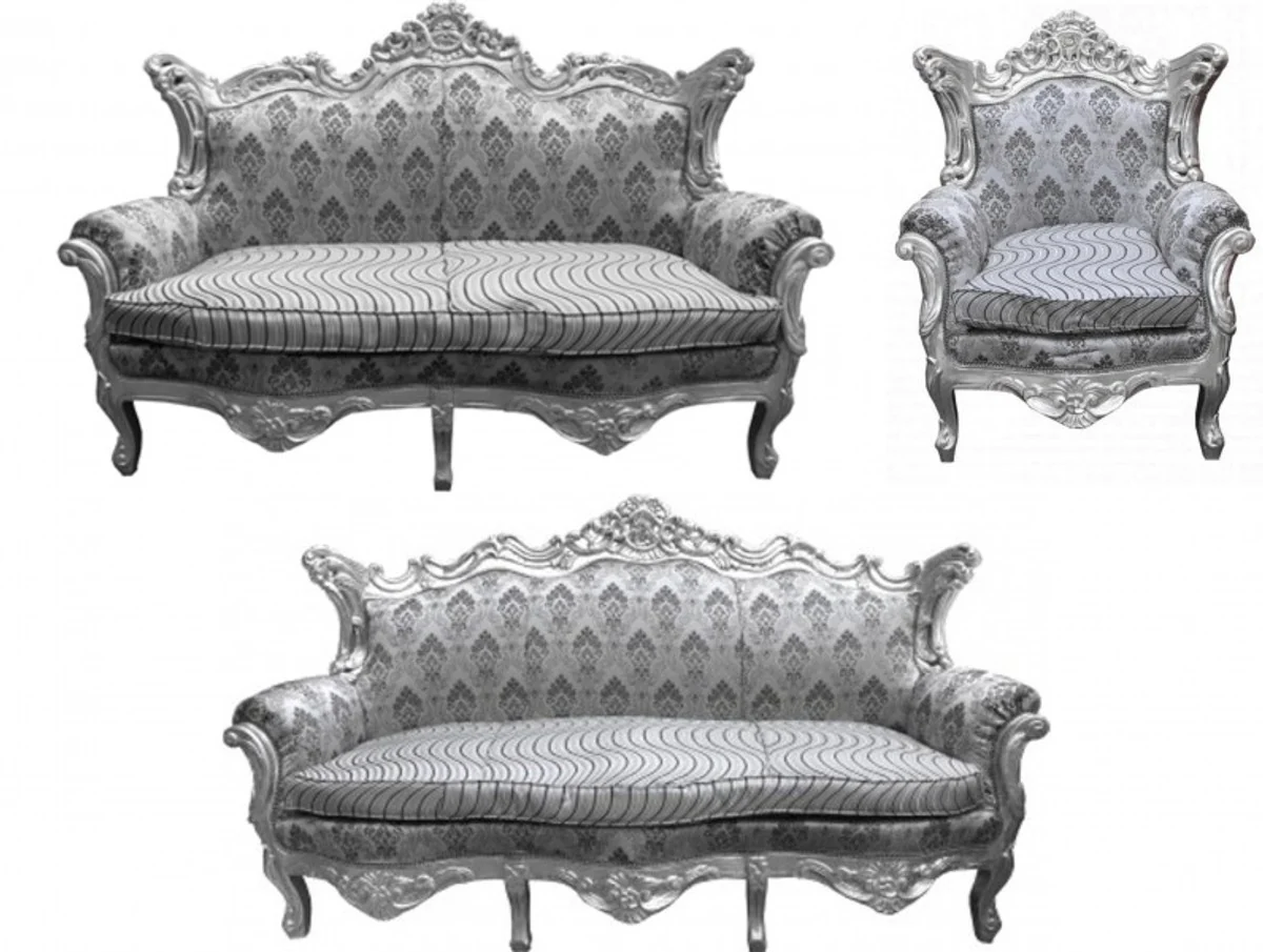 Casa Padrino Baroque Living Room Set Gray Pattern / Silver - 3 seater +2 seater sofa + 1 chair
