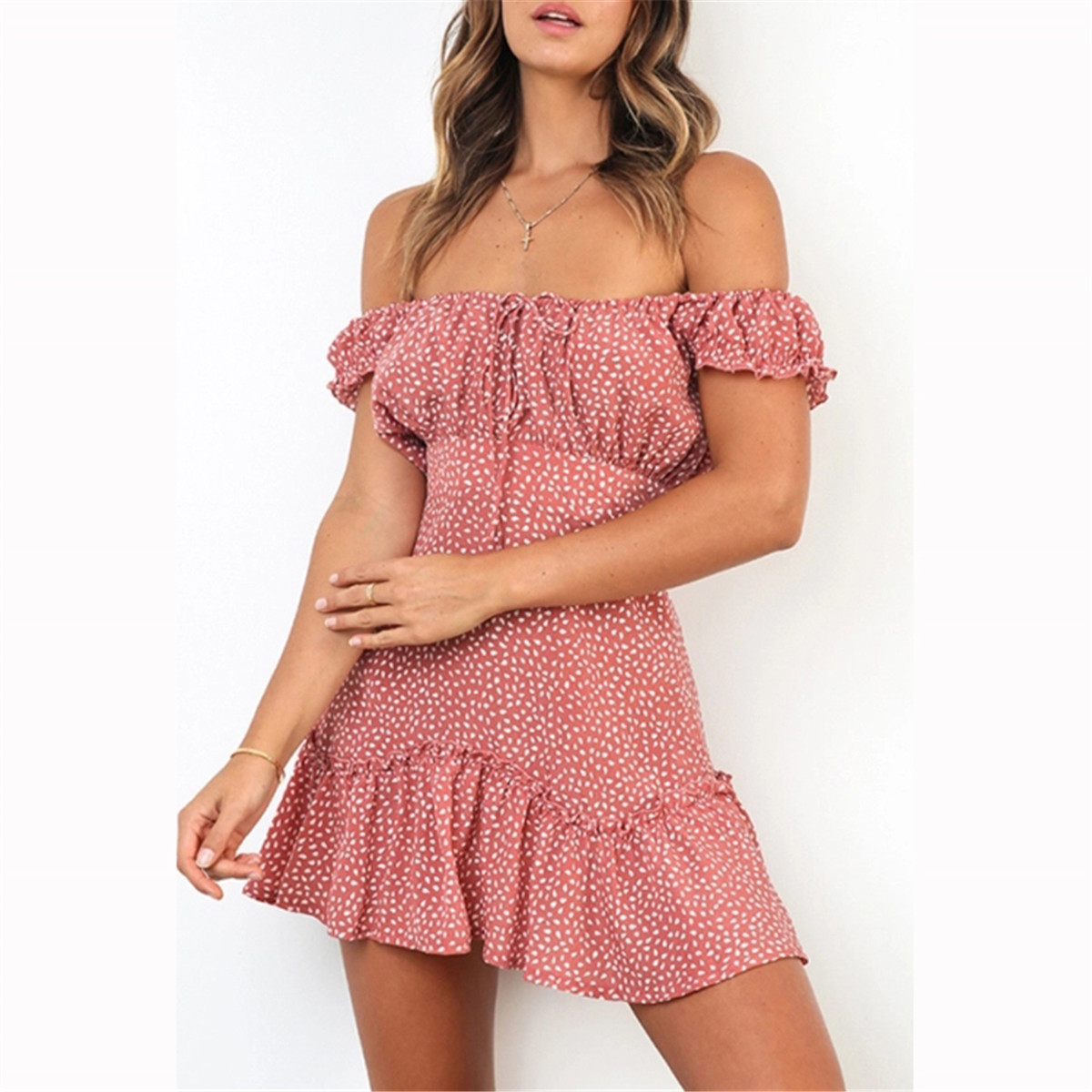 Summer Off Shoulder Polka Dot Printed Falbala Dress