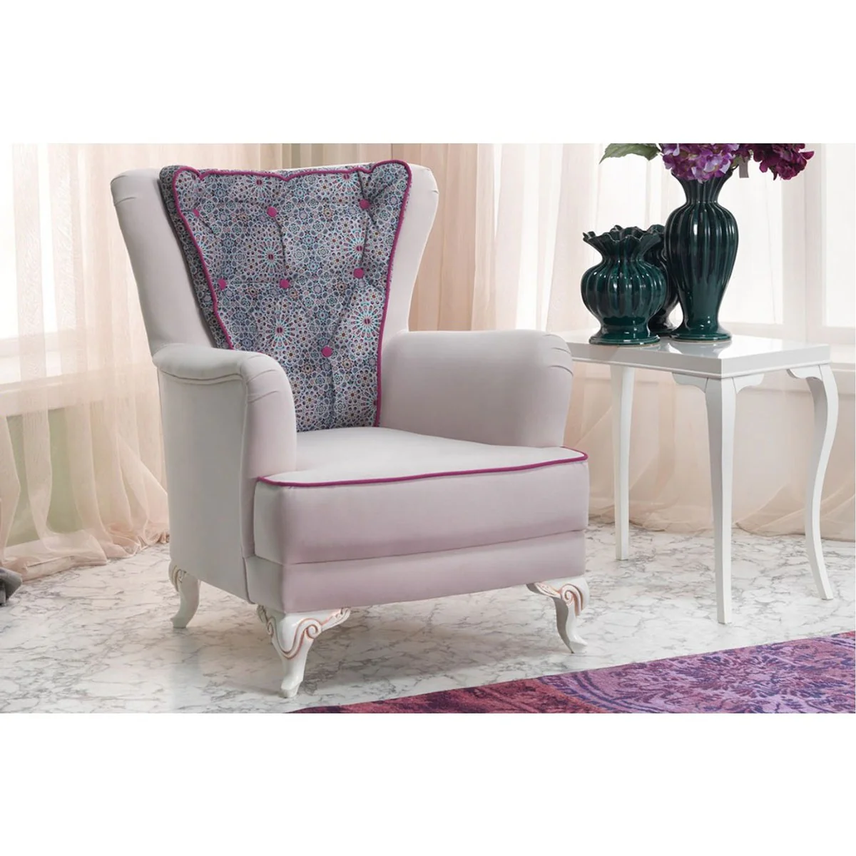 Casa Padrino Neo Baroque Bergere Armchair Milano White / Pink - Hotel furniture