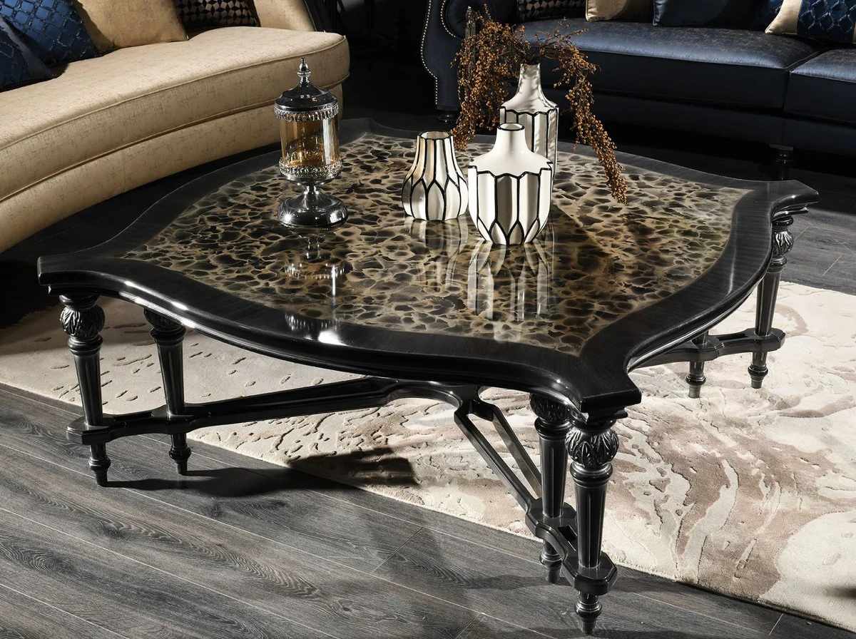 Casa Padrino conjunto de sala de estar barroco de lujo azul / oro / negro - 2 Sof¨¢s y 2 Sillones y 1 Mesa de Centro y 2 Mesas Auxiliares - Muebles Barrocos - Noble y Adornado