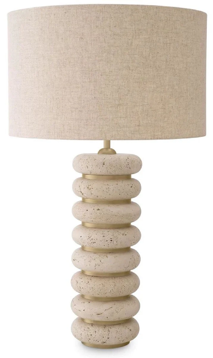 Casa Padrino lámpara de mesa de lujo beige / latón antiguo Ø 50 x A. 85 cm - Lámpara de escritorio travertino pantalla redonda - Lámparas de lujo - Colección de lujo