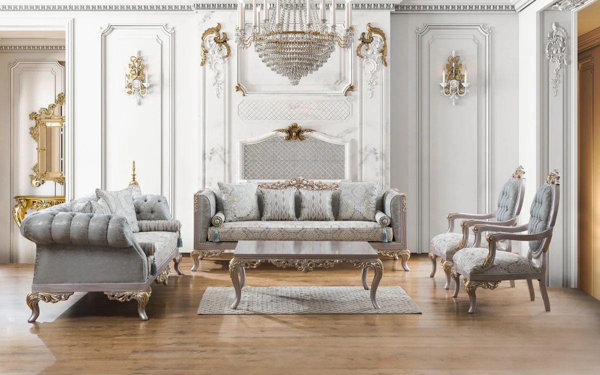 Casa Padrino conjunto de sala de estar barroco de lujo turquesa / plata / oro - 2 Sof¨¢s y 2 Sillones y 1 Mesa de Centro - Muebles de sala en estilo barroco - Noble y Adornado
