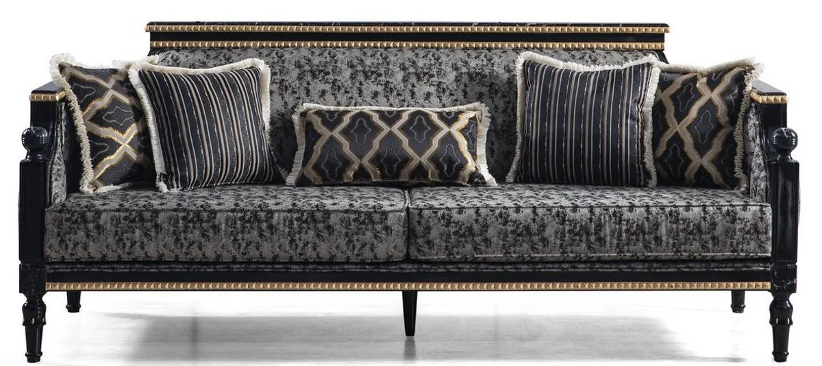 Casa Padrino sof¨¢ barroco de lujo gris / negro / oro 237 x 90 x A. 105 cm - Sof¨¢ de sal¨®n con cojines decorativas - Muebles Barrocos Nobles