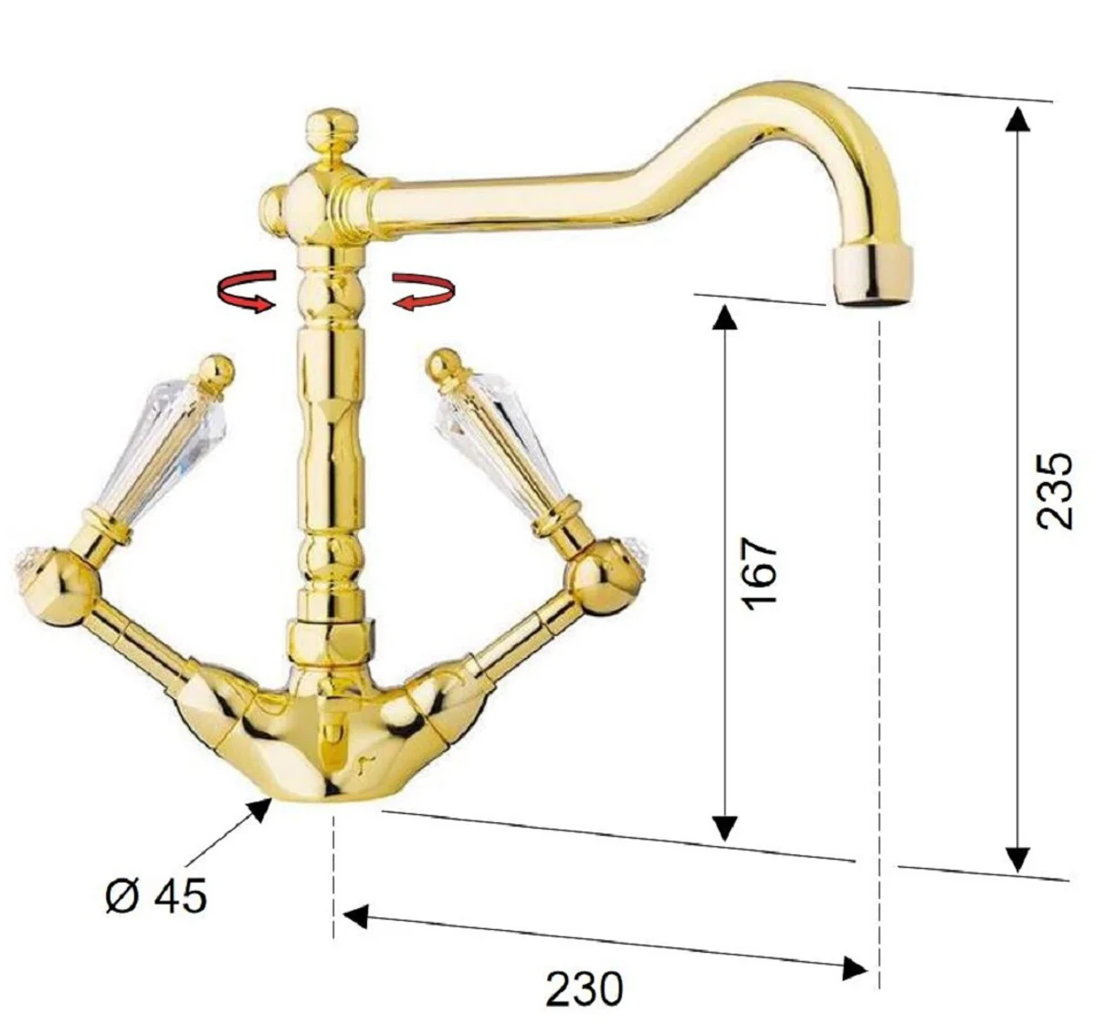Casa Padrino mezclador de lavabo Art Nouveau de lujo con cristal Swarovski oro A. 23,5 cm - Accesorios de baño nostálgicos - Calidad de Lujo - Hecho en Italia
