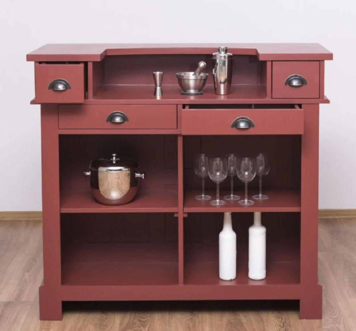Casa Padrino barra de bar de estilo campestre rojo burdeos 120 cm - Mueble bar macizo