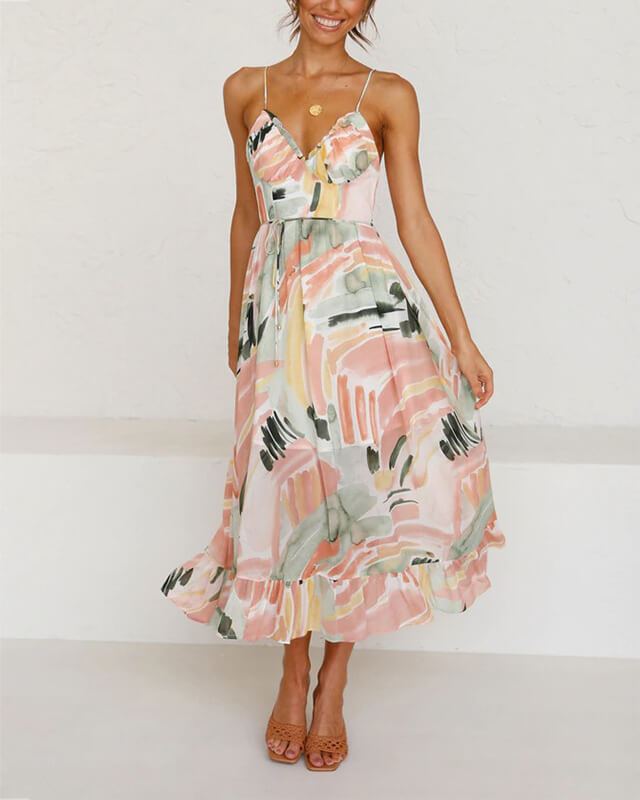 Women's V-neck Tie Tropical Print Dress