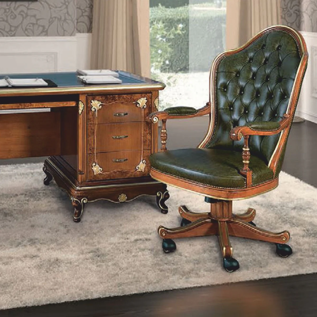 Casa Padrino Silla de Escritorio Barroco Chesterfield de Lujo en Cuero Verde / Marr¨®n / Oro - Hecho en Italia