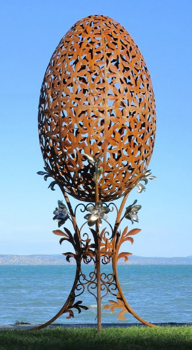 Casa Padrino escultura de jard¨ªn de acero XXL barroco de lujo huevo ¨®xido / plata 107 x 95 x A. 200 cm - Decoraci¨®n de jard¨ªn XXL enorme - Decoraci¨®n exterior - Accesorios de jard¨ªn