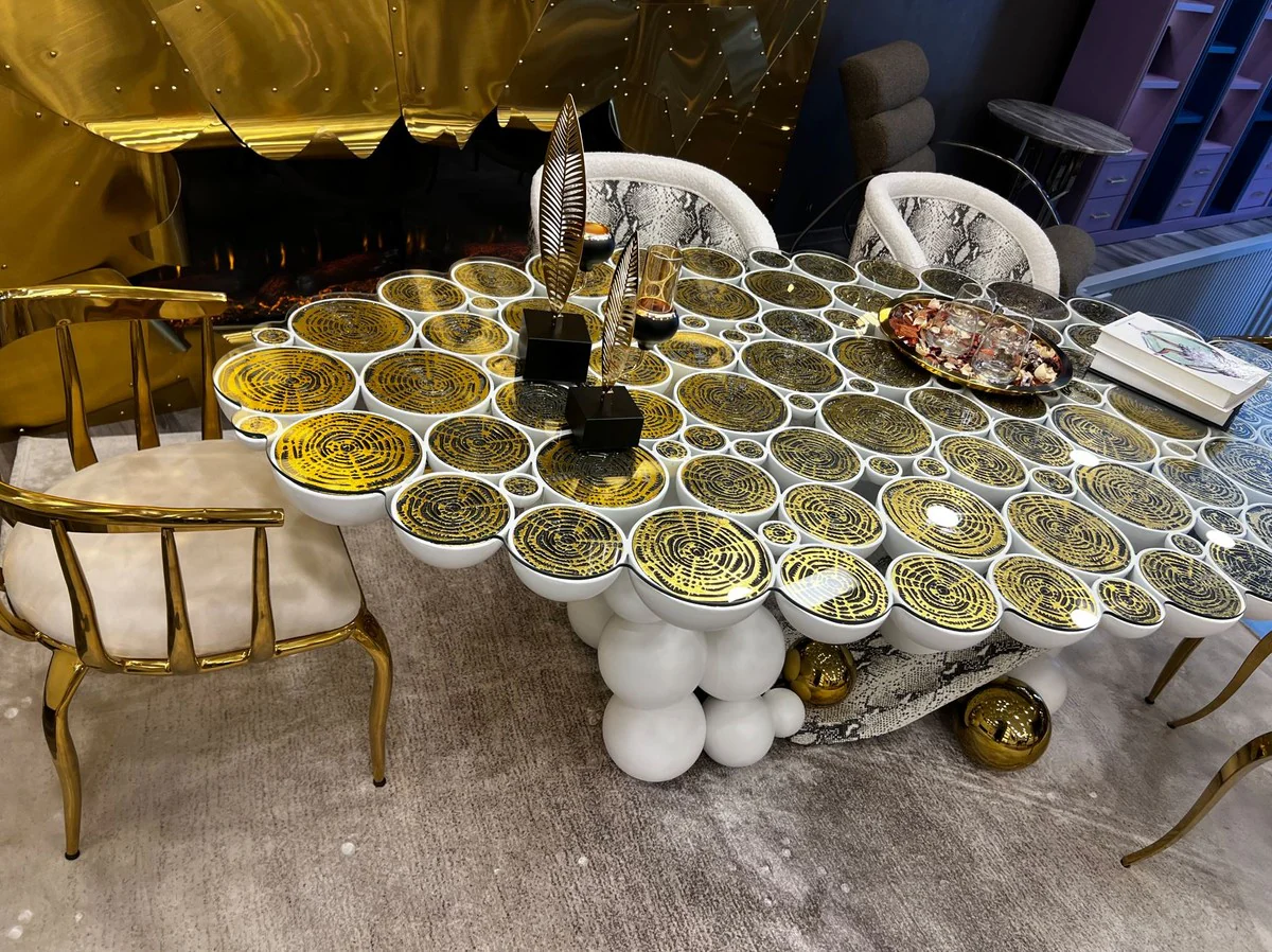 Casa Padrino mesa de comedor de dise?o de lujo con tapa de vidrio blanco / oro / negro 230 x 120 x A. 76 cm - Muebles de comedor - Muebles de lujo - Muebles de dise?o