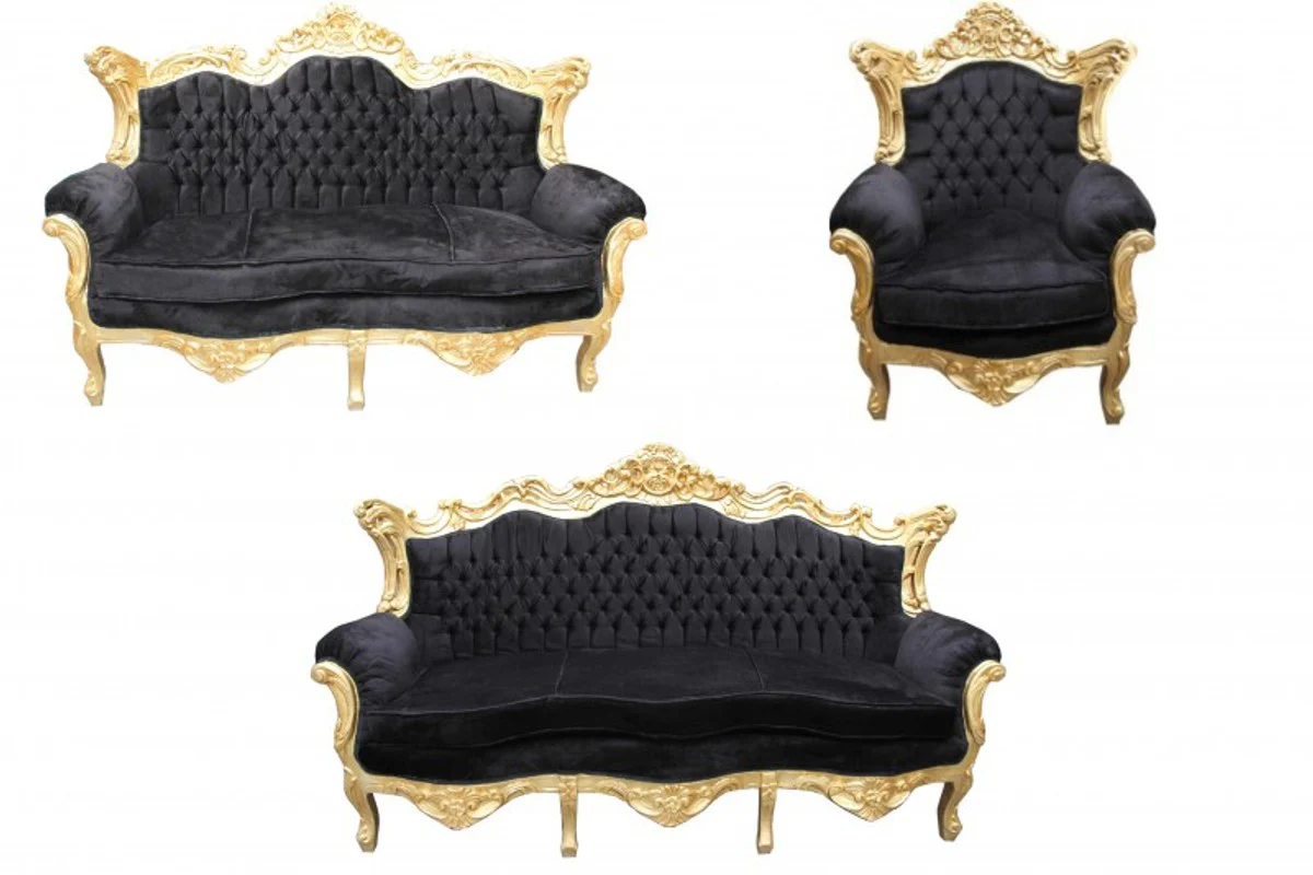 Casa Padrino Baroque Living Room Set Black / Gold - 3 seater +2 seater sofa + 1 chair