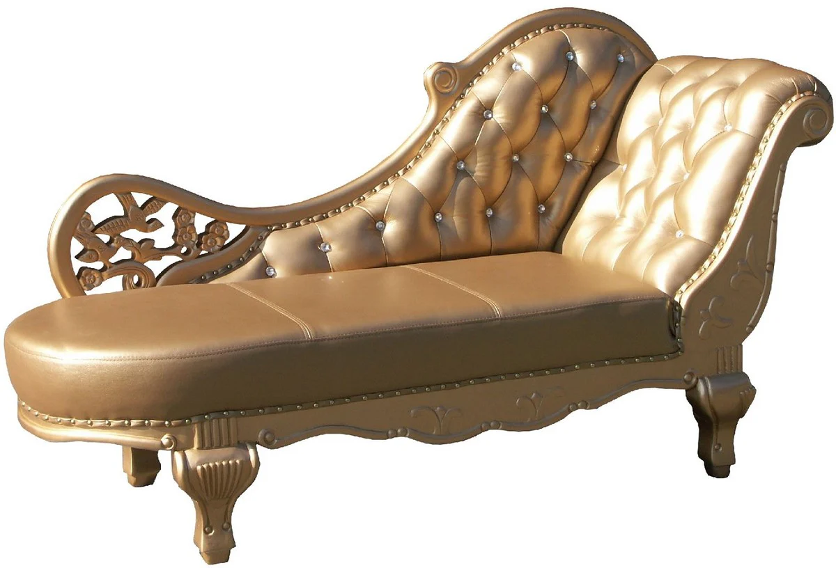 Casa Padrino chaise longue de cuero barroco oro 170 x 65 x A. 90 cm - Chaise longue de madera maciza con piel genuina y pedrer¨ªa - Muebles Barrocos