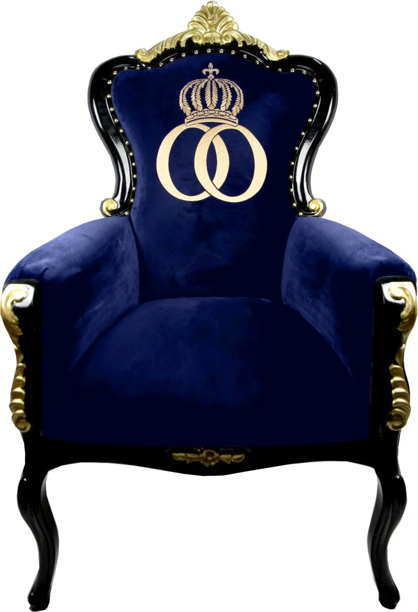 Pomp??s por barroco butaca Casa Padrino de lujo Bergere azul / negro / oro con corona de oro - sill¨®n Pomp??s barroca dise?ada por Harald Gl??ckler