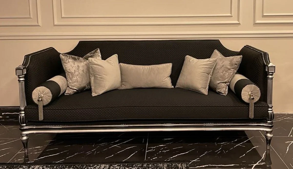 Casa Padrino sof¨¢ barroco de lujo negro / plata - Sof¨¢ de sal¨®n hecho a mano en estilo barroco - Muebles de sal¨®n barrocos