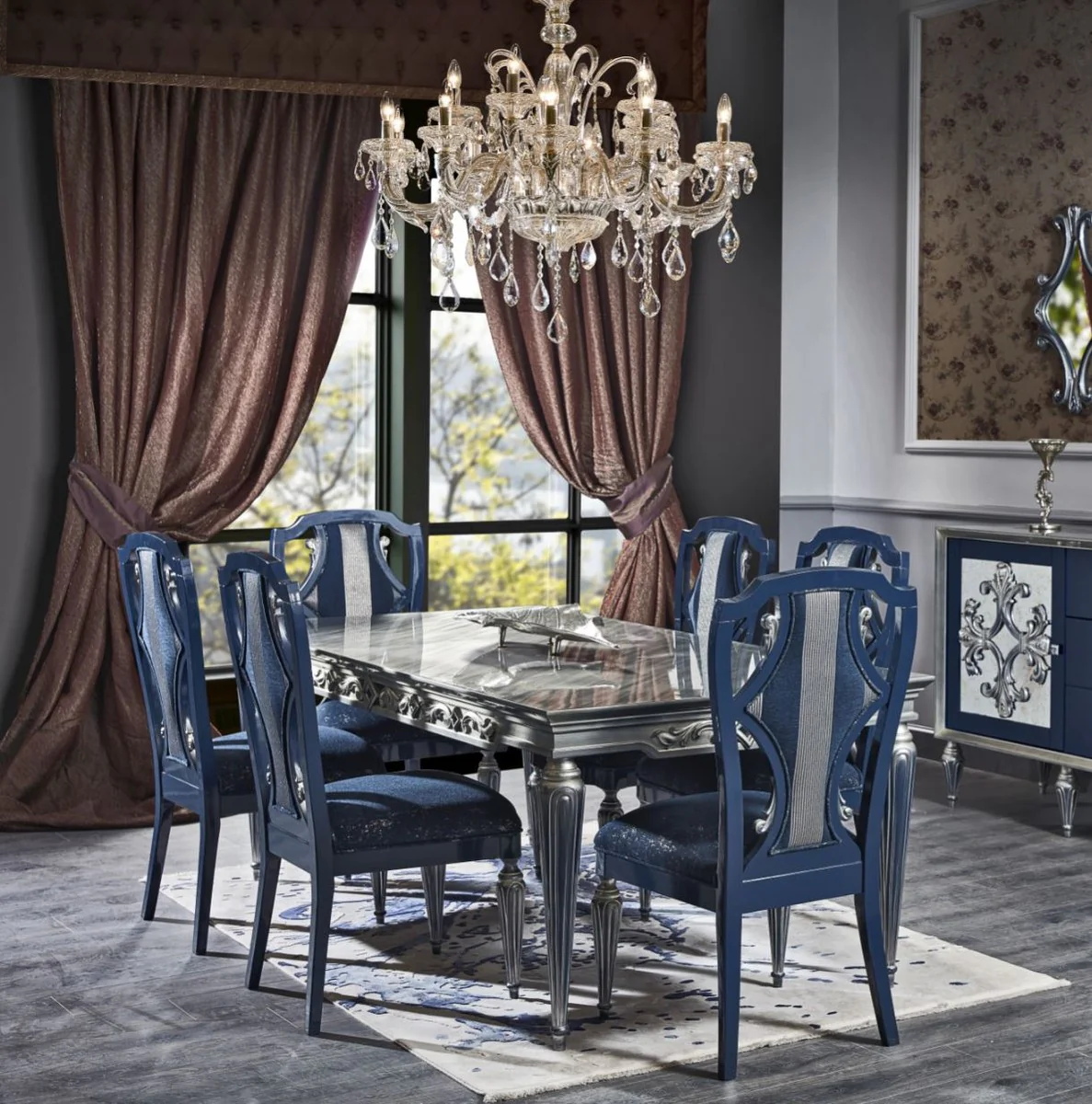 Casa Padrino conjunto de sillas de comedor barroco de lujo azul / plata 54 x 53 x A. 109 cm - Conjunto de sillas de cocina nobles de 6 - Muebles de comedor barrocos
