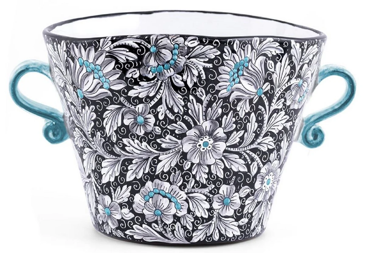 Casa Padrino maceta de cerámica de lujo con 2 asas negro / multicolor Ø 27 x A. 20 cm - Maceta de cerámica hecha a mano y pintada a mano - Calidad de lujo - Hecho en Italia